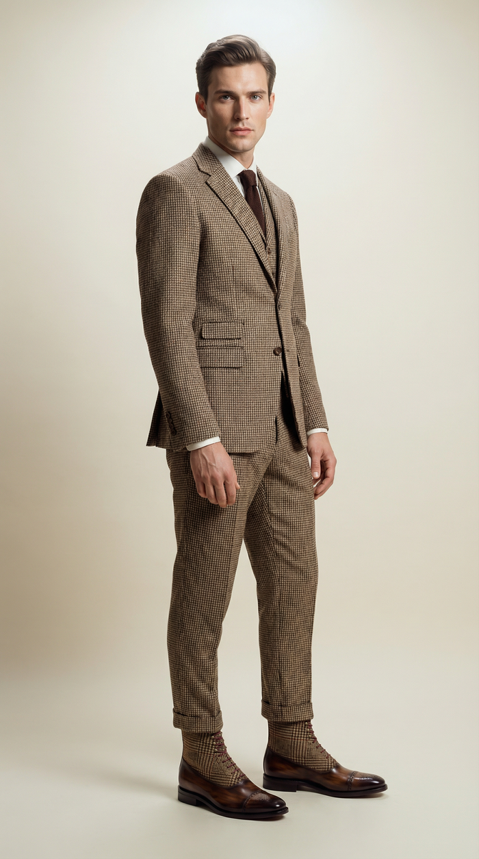 Model wearing patina monk straps