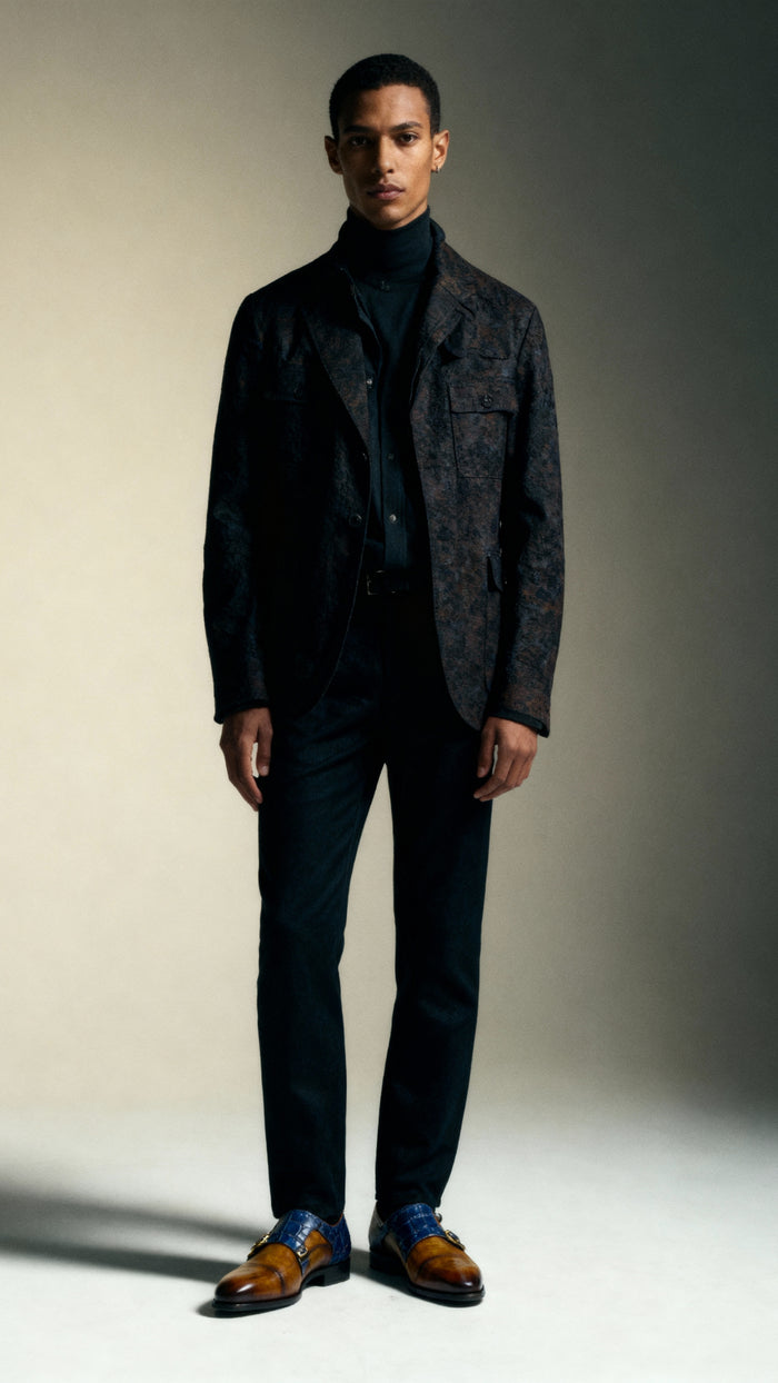 Model wearing double monks