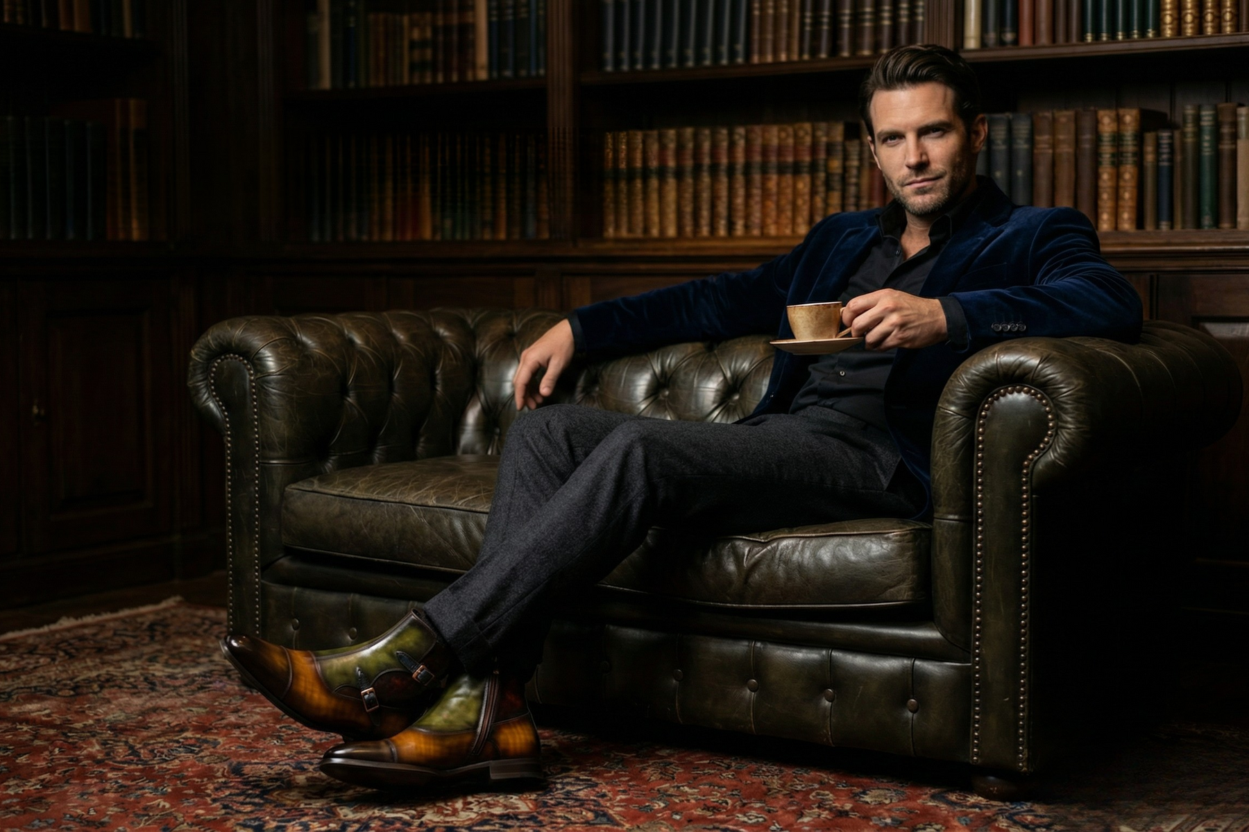 A gentleman in a leather armchair wearing hand-patinated monk straps